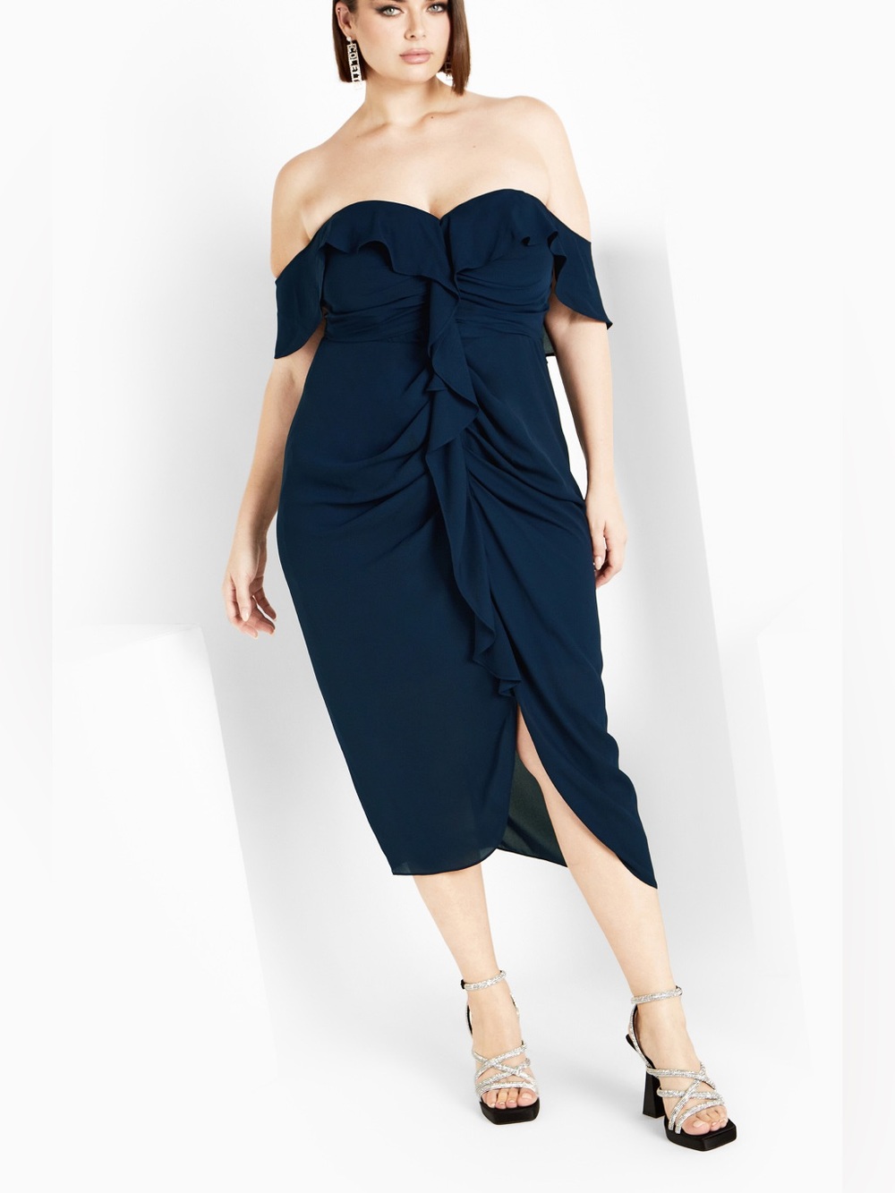City Chic Strapless Ruffle Midi Dress in Navy